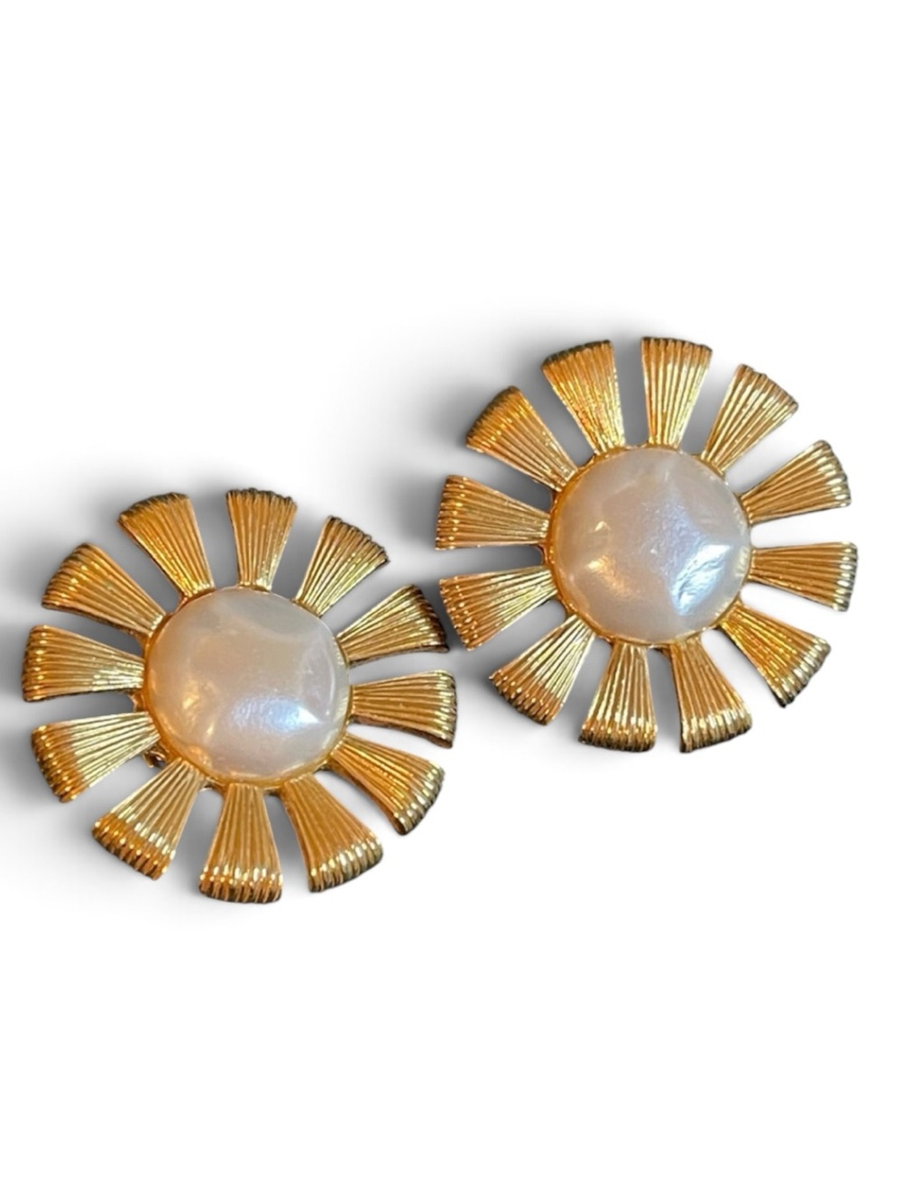 Vintage St. John Faux Pearl Oversized Sunburst Statement Clip-on Earrings